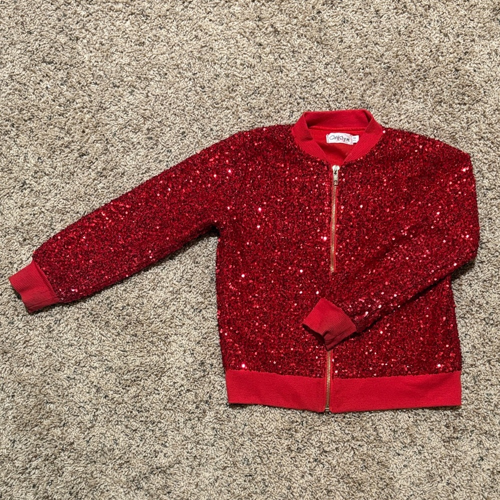 Girls' Red Sequin Bomber Jacket